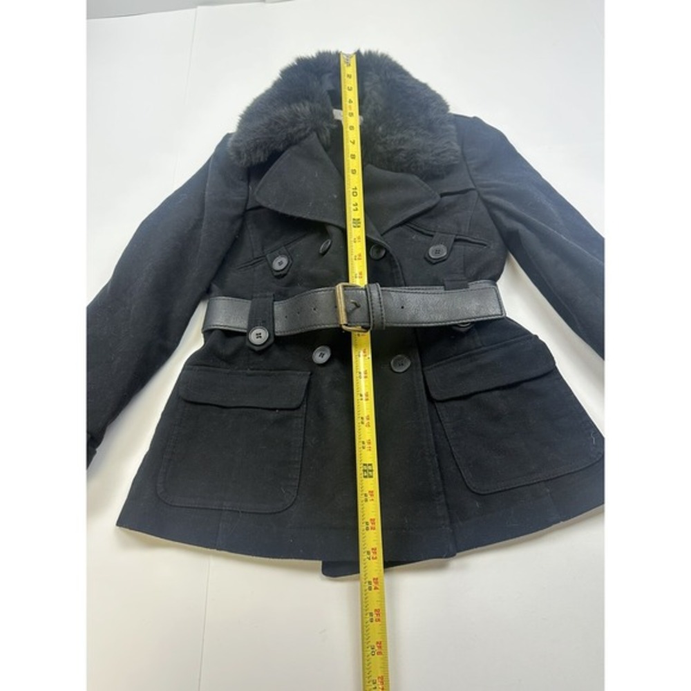 Ann Taylor Petite‎ Double Breasted Pea Coat Womens 0P Black Faux Fur Belted - Picture 3 of 6